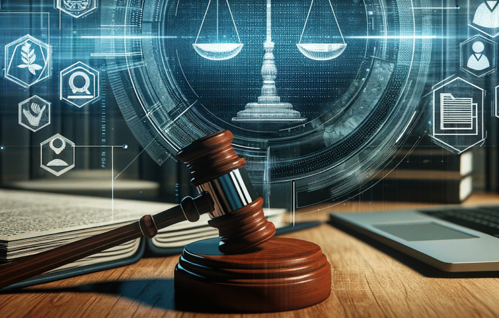 DALL·E-2023-11-17-09.51.42-An-image-showing-a-digital-interface-with-legal-symbols-representing-the-digitization-of-legal-processes.-The-scene-includes-a-digital-screen-display