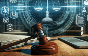 DALL·E-2023-11-17-09.51.42-An-image-showing-a-digital-interface-with-legal-symbols-representing-the-digitization-of-legal-processes.-The-scene-includes-a-digital-screen-display