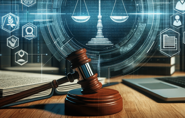 DALL·E-2023-11-17-09.51.42-An-image-showing-a-digital-interface-with-legal-symbols-representing-the-digitization-of-legal-processes.-The-scene-includes-a-digital-screen-display