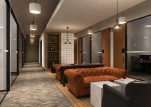 Modern lounge and hallway in a virtual office in Dubai, featuring glass rooms, leather seating, and collaborative workspace design.