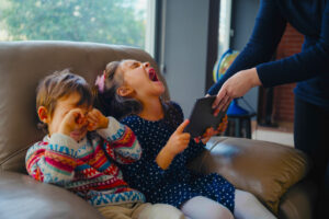 Mother Forbids Her Daughter And Son To Play Game on Digital Tablet, Concept For Dependence On Gadgets